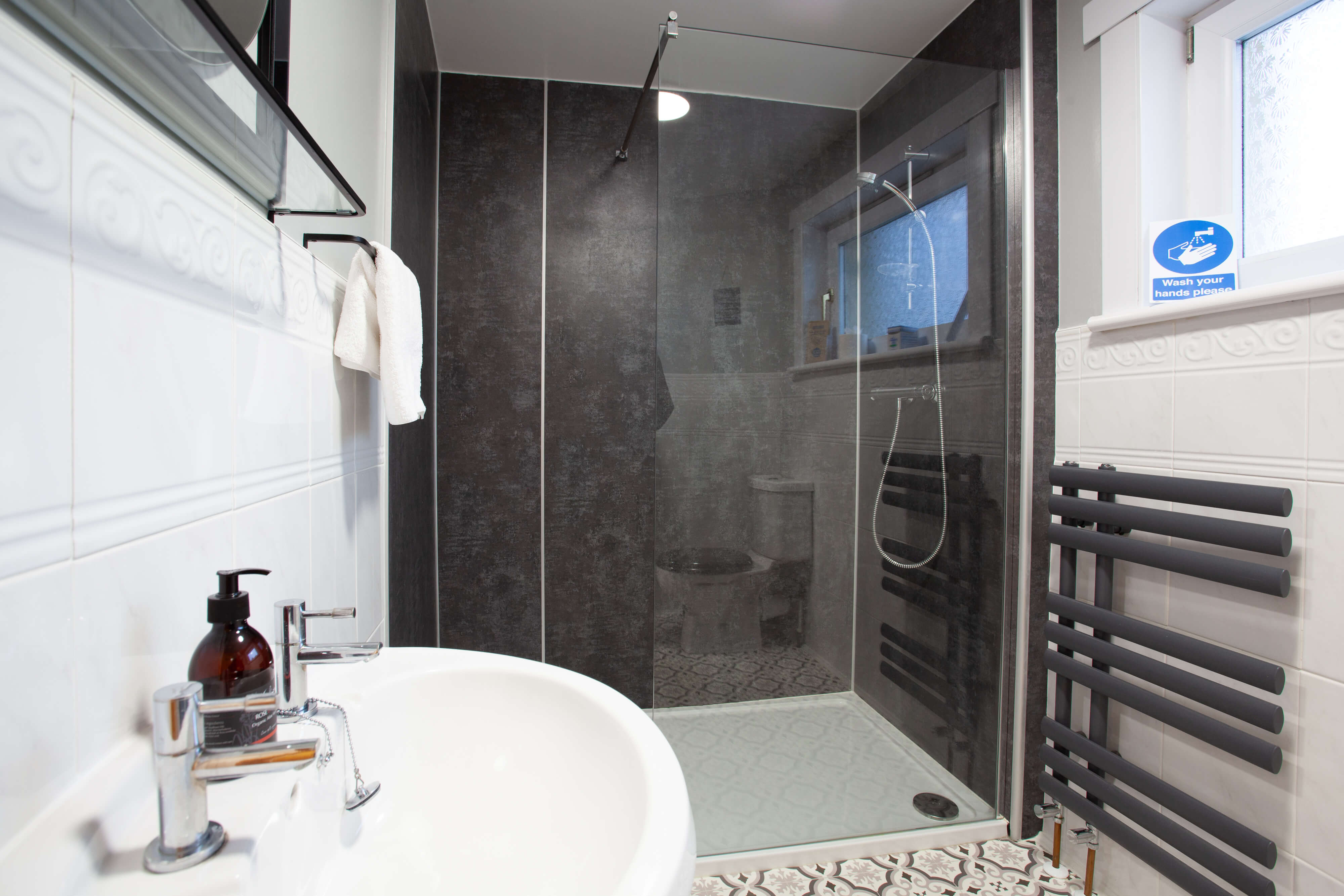 The bathroom shower area